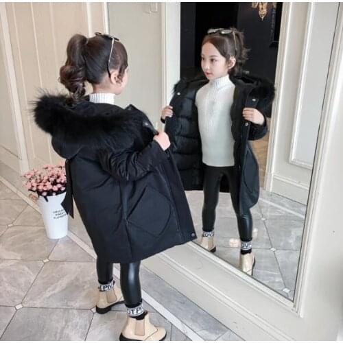 Fashion Winter Jacket For Girls Fur Hooded Baby Girls Winter Coat Long Cotton-Padded Parka Down Thick Kids Childrens Outerwear