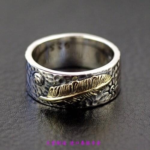 Thailand import jewelry men rings golden feather retro 925 silver ring