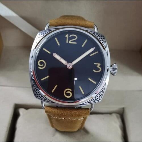 No logo 47mm Carving pattern Watch case Mechanical Hand Wind Mens Watch black dial Rose gold hand St3600-1 swan neck movement