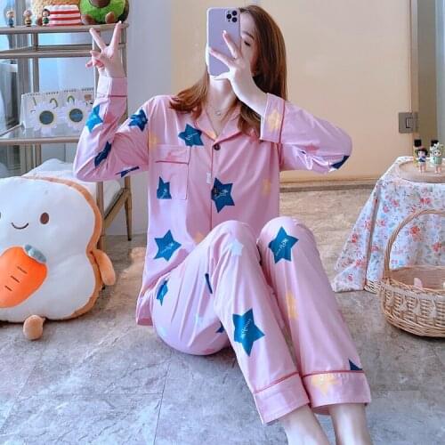2021 Autumn Long Sleeve Print Pajama Sets for Women Korean Sleepwear Suit Pyjamas Lounge Wear Homewear Pijama Mujer Home Clothes