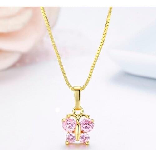 Cute Pink CZ Butterfly Charms Gold Color Chain Undertale Choker Pendants Necklace Women Grils Kids Jewelry Gift Collier Kolye