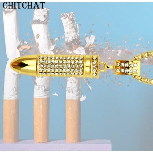 Full Rhinestone Iced out Bullet Pendants Necklace Gold Color Trend Evil Spirits Gifts For Soldier Friend Hip Hop Jewelry