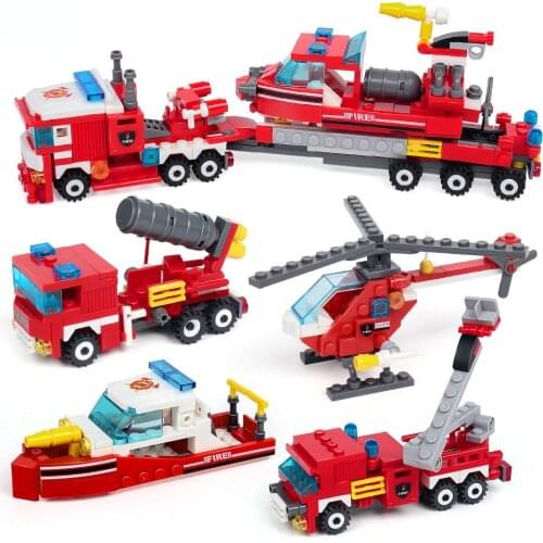 4in1 Fire Fighting Trucks Car Helicopter Boat Child Toys 348pcs Bricks Assembling Blocks Compatible City Firefighter Toys I0305