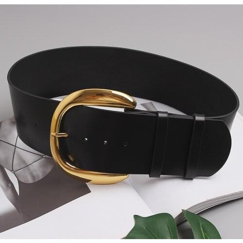Luxury Wide Waistband Cowhide Metal Alloy Buckle Waist Belt Fashion Women Dress Corset Decoration Black Genuine Cow Leather Belt