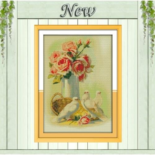 Roses and pigeons,Pattern printed on canvas DMC 11CT 14CT Cross Stitch kits,needlework Set all embroidery.Beautiful Flower Vase