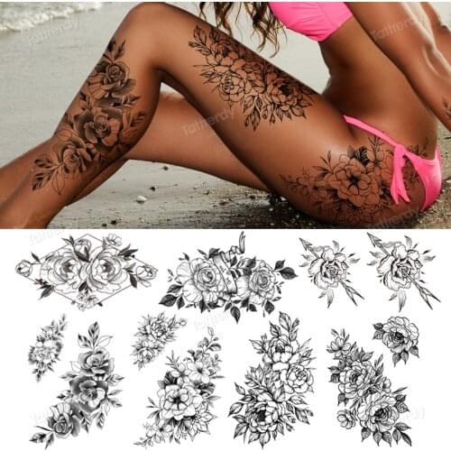 Thigh temporary tattoo flower sketch line rose peony sunflower tattoo sticker black henna lace leave triangle tattoo minimalist