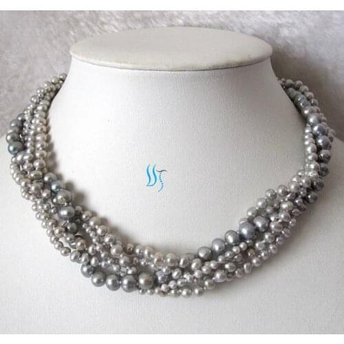 Gray Pearl Necklace Wedding Pearl Jewellery 18 inches 5 Rows 3-7mm Gray Freshwater Pearl Necklace Handmade Womans Gift