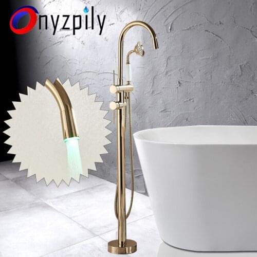Onyzpily Golden LED Bathtub Floor Stand Faucet Mixer Single Handle Mixer Tap 360 Rotation Spout Bath Mixer Shower