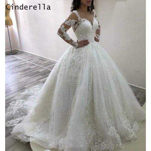 Cinderella V-Neck Long Sleeves Lace Up Back Court Train Lace Applique Princess Ball Gown Wedding Dresses Lace Bride Gowns