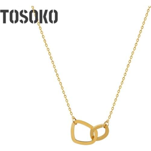 TOSOKO Stainless Steel Jewelry Geometric Double Ring Pendant Necklace Womens Fashion Clavicle Chain BSP939