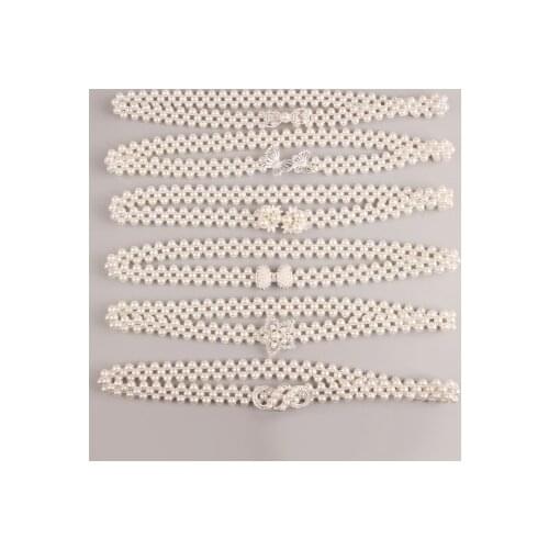 Retro Fashion Pearl Women Belt Dress Sweater Accessories Thin White Elegant Waist Belt For Female Elastic Chai Shopping Party