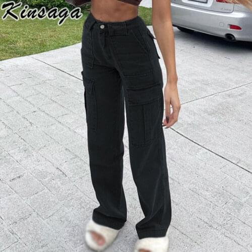 Vintage Y2k Low Rise Black Cargo Jeans Women Harajuku Big Pocket Patchwork Baggy Denim Pants Street Indie Wide Leg Straight Jean