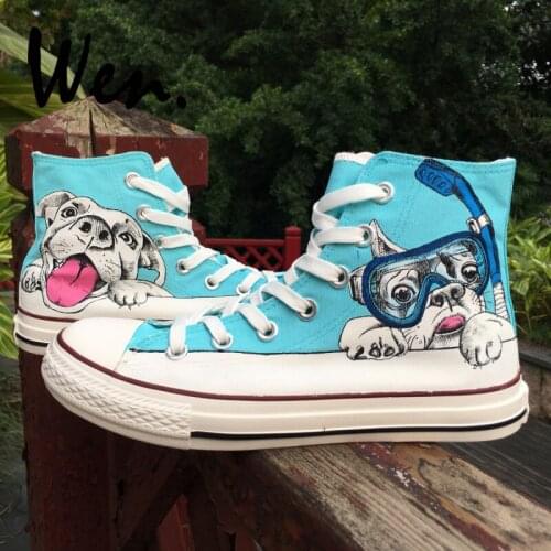 Wen High Top Hand Painted Shoes Cute Pug Dog with Diving Goggle Swimming Pool Played Design Custom Adult Unisex Canvas Sneakers