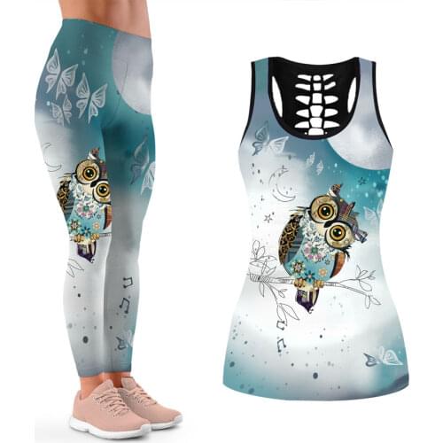 Funny Casual Sportswear Two Piece Sets Women Hollow Back Vest And Animal Printed Yoga Pants Matching Set Athleisure Outfits