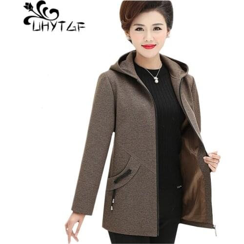 UHYTGF 4XL Plus size jacket women Fashion hooded spring autumn wool coat temperament mom elegant woman coats casaco feminino 797