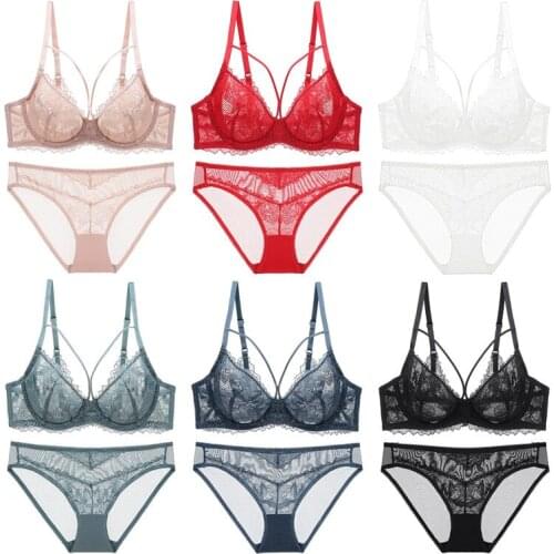 Women Sexy Lace Lingerie Big Chest Looks Smaller Thin No Sponge Sheer See Through Bra And Panty Set