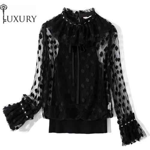 White 2020 Summer Fashion Black Jumpers Women Ruffled Collar Polka Dot Patterns Knitting Long Sleeve Casual Pullover Tops Female