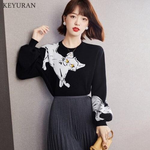Winter Cartoon Cat Jacquard Pullovers Sweaters Womens 2021 Fall Fashion O-Neck Long Sleeve Black Knitted Jumpers Sweater Female