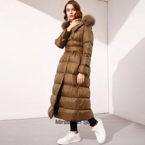 Womens Winter Coat White Duck Down Female Solid Long Puffer Jacket Waist Slim Thick Quality Detachable Fox Fur Hooded Overcoat