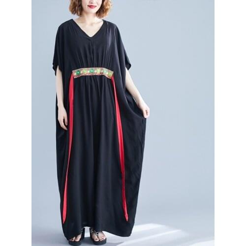 2021 New Casual Dress V-Neck Vintage Short Batwing Sleeve Robe Drawstring Waist Women Summer Beach Boho Maxi Dress Ladies 12298