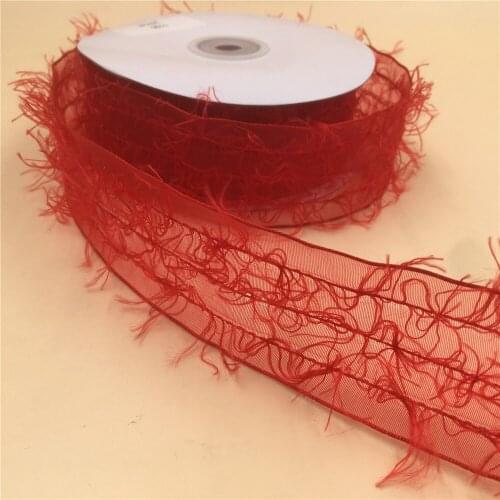 38MM 25yards Red Wired Edge Sheer Ribbon With Knitting Yarn for Festival Christmas Decoration New Year Gift Wrapping