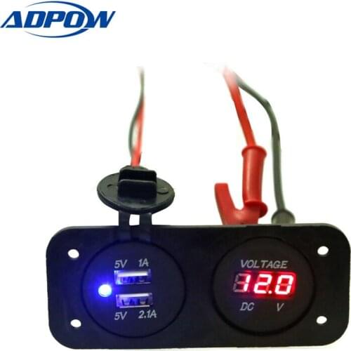 ADPOW DC 12V Car Motorcycle Cigarette Lighter USB Car Charger Motor Car Digital Voltmeter Panel Power Dual USB Car Socket