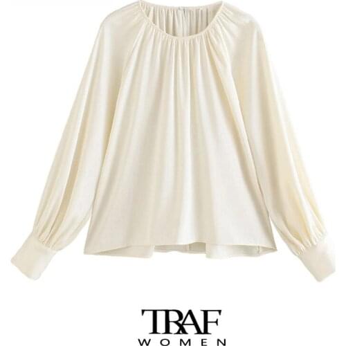 TRAF Za Women Fashion Pleats Soft Touch Loose Blouses Vintage O Neck Long Sleeve Female Shirts Chic Tops