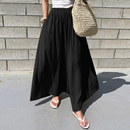 Oversize Solid Black Women Wide Leg Pants Loose Plus Size Elastic Waist Cotton Linen Trousers Vintage Casual Lady Pocket Pants