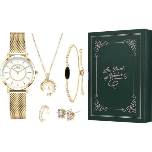 Womens Watches 5 Sets Jewelry Ladies Gold Watch Quartz Movement Bracelet Watches Luxury Female Clock Wrist Watch Gift For Women