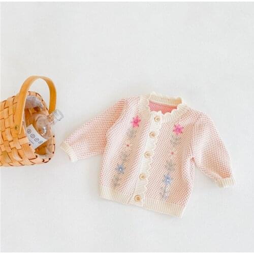DFXD 2021 Spring Infant Girls Floral Embroidery Knitted Sweaters Cardigan Jacket Pink Princess Knit Tops Outfit Newborn Clothes