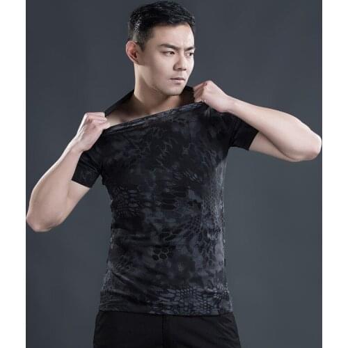 Mens Summer High Elastic Cotton Tactical Camouflage T-shirt Outdoor Climbing Riding Fitness Short Sleeve Breathable Thin hirt