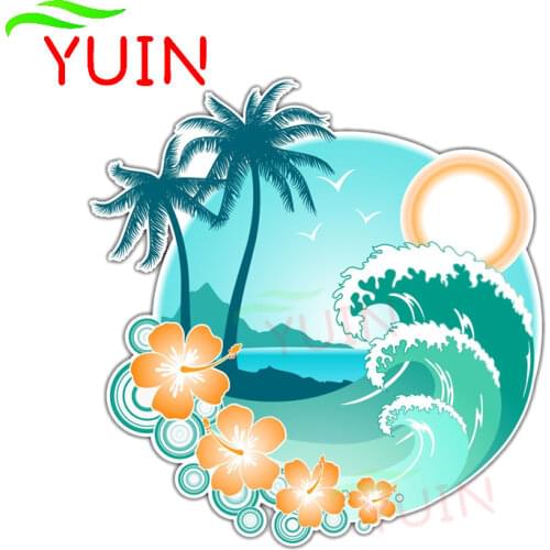 Interesting Tropical Islands Hawaii Car Sticker Cartoon Style Wave Decal Auto Parts PVC Decoration Waterproof Decals 13*13cm