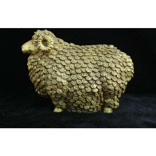 Chinese Folk Fengshui Bronze Brass Wealth Fu 12 Zodiac Year Sheep Goat Statue