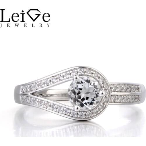 Leige Jewelry Real Natural White Topaz Ring Wedding Ring November Birthstone Round Cut Gemstone Solid 925 Sterling Silver Ring