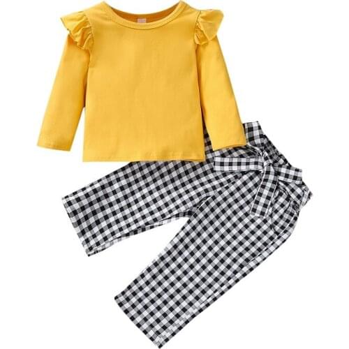 2PCS Set Kids Baby Girl Long Sleeve Cotton T-shirt Tops Plaid Long Pant Outfits Spring Autumn Clothes