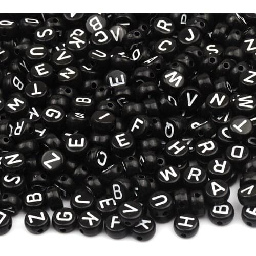 100Pcs 4*7mm Round Black Acrylic Beads White Letter Beads for Jewelry Making Kid Diy Material Loose Spacer