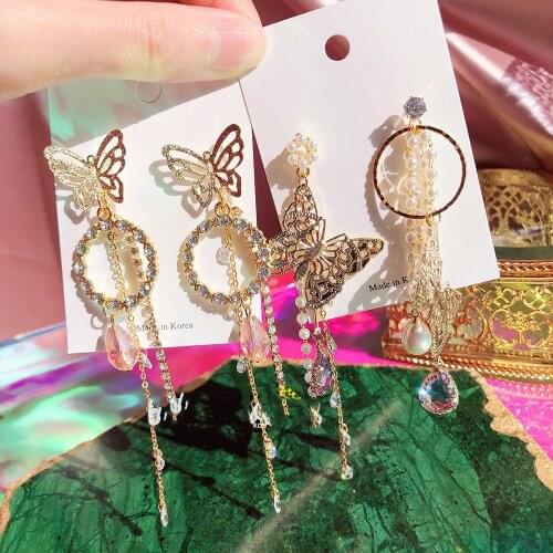 Fashion Luxury Asymmetric Rhinestone Butterfly Long Drop Earrings For Women Girls Champagne Oval Crystal Jewelry
