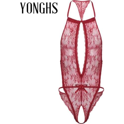 Mens Sexy Lingerie Bodysuit Lace Floral Erotic Sex Costume Halter Neck Backless Open Crotch Gay Bodysuit Nightwear Sleepwear