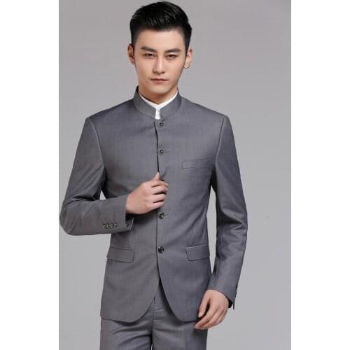 Men Chinese tunic suit set with pants mens casual suits stand collar new arrival slim formal dress mens groom suit black grey