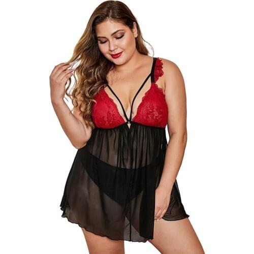 Fashion Sleepwear Large Size Night Dress Lingerie Women Babydoll Nightwear Sexy Lace Nightdress Underwear Dress V-Neck