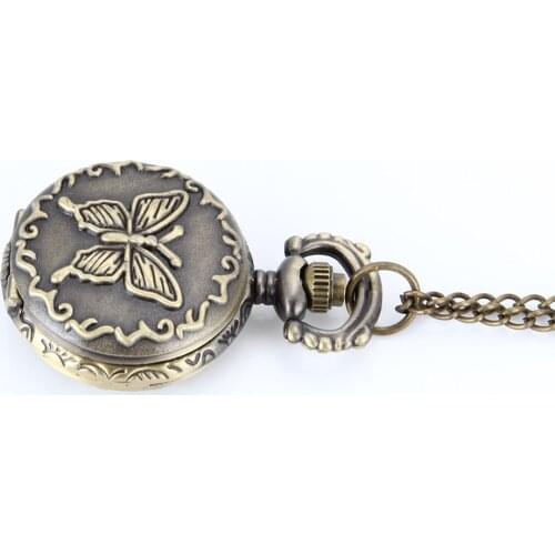 Retro Butterfly Carved Round Quartz Fob Pocket Watch with Chain Necklace Jewelry Gifts LXH