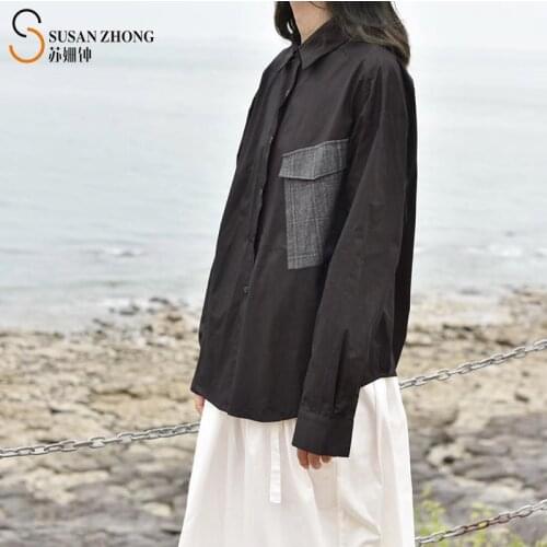Women Shirts Female Blouses Tops Full Long Sleeve Norm Core Minimalist Solid Patchwork Big Pockets Japanese Style Autumn Cotton