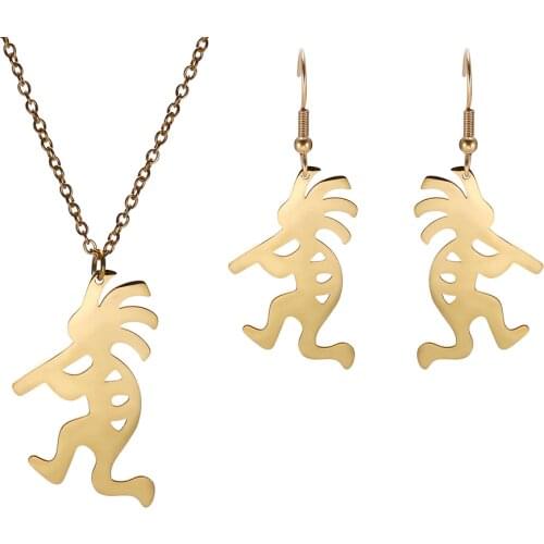Skyrim Kokopelli Tibetan Jewelry Set Stainless Steel Golden Black Pendant Choker Chain Necklaces Dangle Earrings Gift for Women