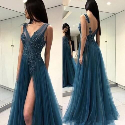 Sexy Illusion Design Prom Dresses High Split V Neck Appliques Beading A-line Tulle Formal Party Evening Gowns Vestido De Festa