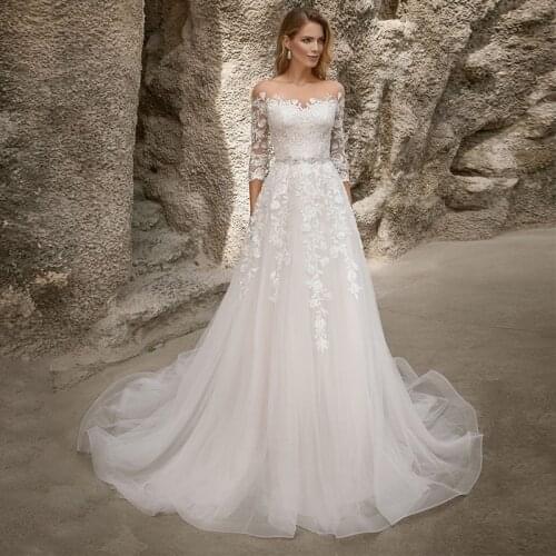 Elegant 3/4 Sleeve Wedding Dresses 2021 Sweep Train Sheer Scoop Neck Lace Appliques Tulle Bridal Gown With Button Back Belt