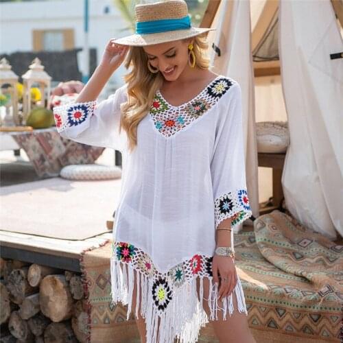 Crochet Beach Cover Ups for Swimwear Women Tassel Beachwear Flower Tunic Sundress Sleeve Female Swim Suit Swimsuit Cover-up 2021