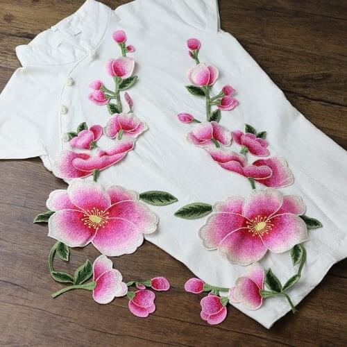 High quality large pink flower patch embroidery cloth sticker applique DIY no glue hand-sewn type applique for dress