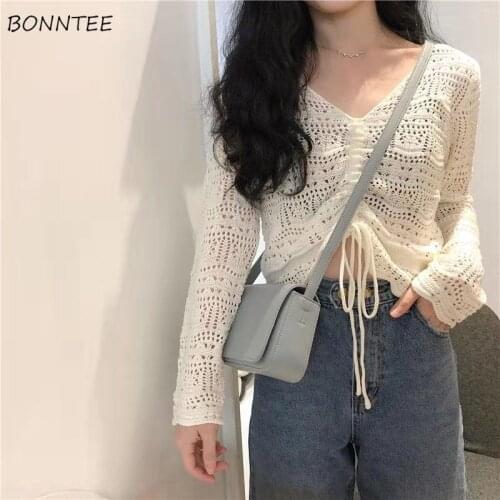 T-shirts Women Knitting Shirring Long Sleeve Spring Autumn Vintage Elegant Outerwear Various Colors Tops Daily Holiday Popular