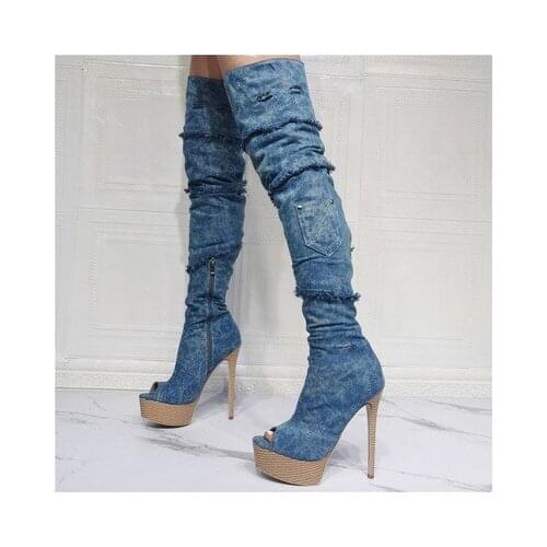 Cowboy Fashion Platform Over the Knee Large Size 47 Womens Long Boots Blue Denim Thigh High Stretch Boots Large Size 47 Botas