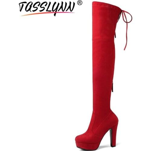 TASSLYNN 2018 Women Boots Zipper Stretch Fabric Boots Winter Shoes Women Over The Knee Boots Thick Heel Platform Women Shoes